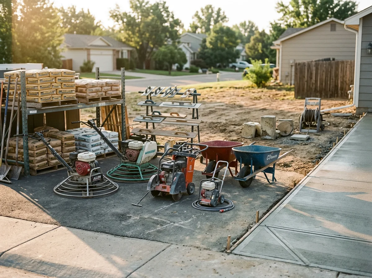 Concrete contractor tools and equipment on a job site, ready for driveway or patio installation work.