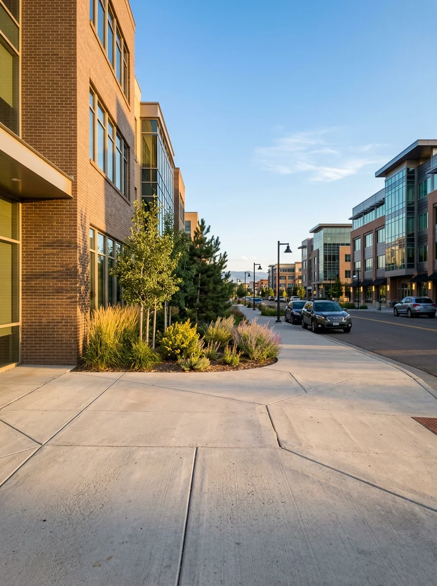 Broomfield commercial or civic district with professional buildings and community amenities.