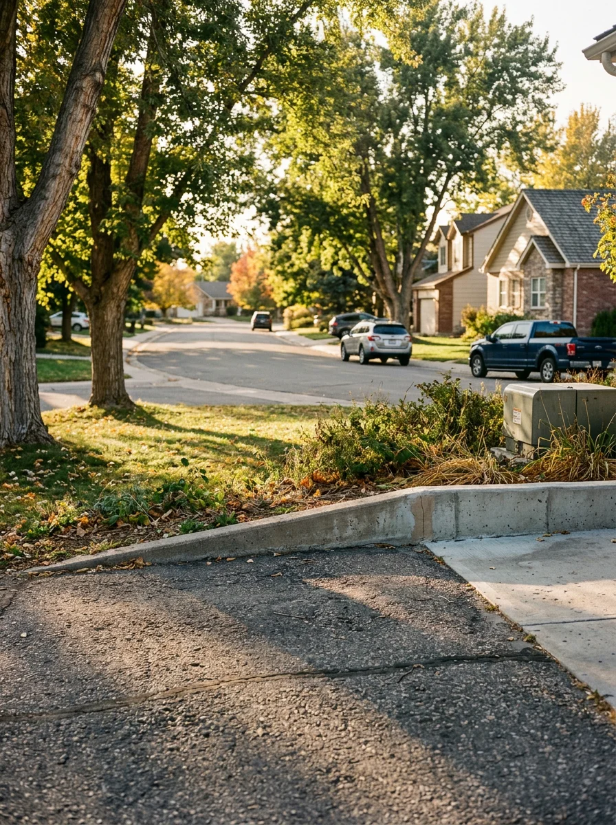 Firestone neighborhood street with mixed-age properties and mature trees lining the road.