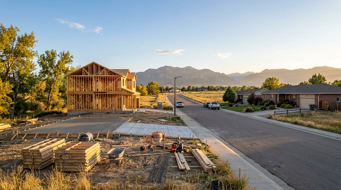 New residential construction and established homes in Firestone, Colorado, with clear skies and open landscape.