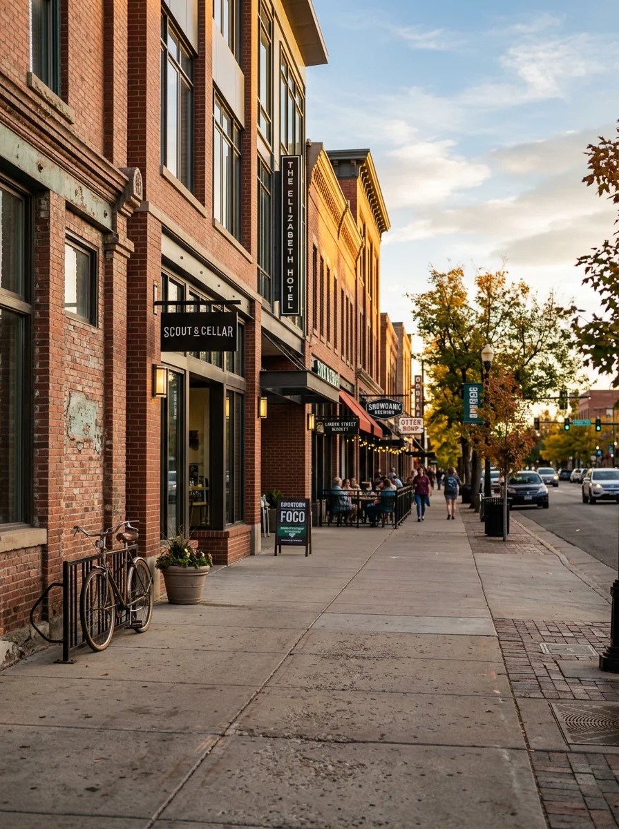 Fort Collins commercial or mixed-use district with modern buildings and active street presence.