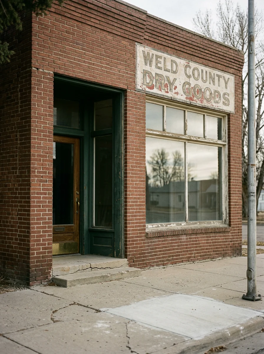 Weld County small town main street with local businesses and community character.