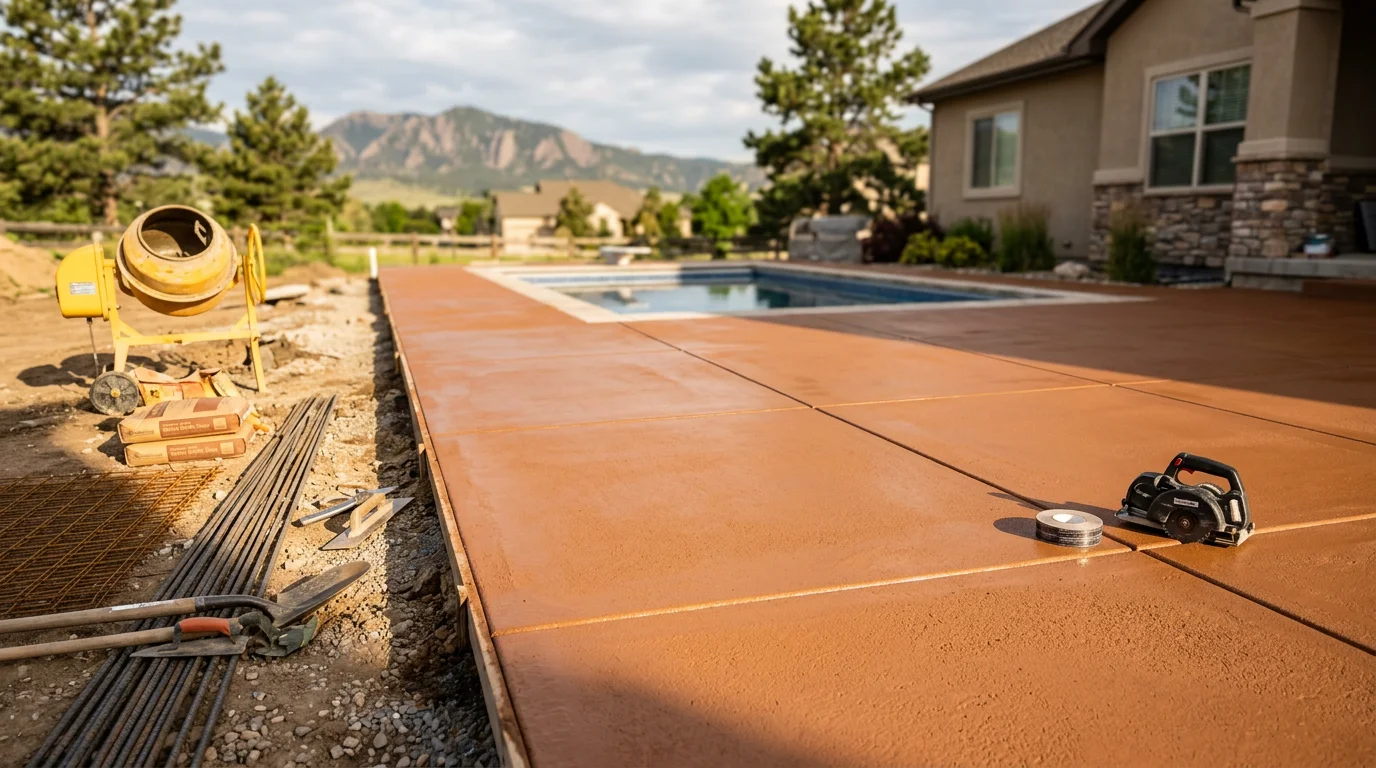 Freshly installed colored concrete patio with a warm earth-tone finish behind a residential home in Firestone, Colorado. The surface shows clean control joints, consistent color throughout the slab, and a sealed finish ready for outdoor use.