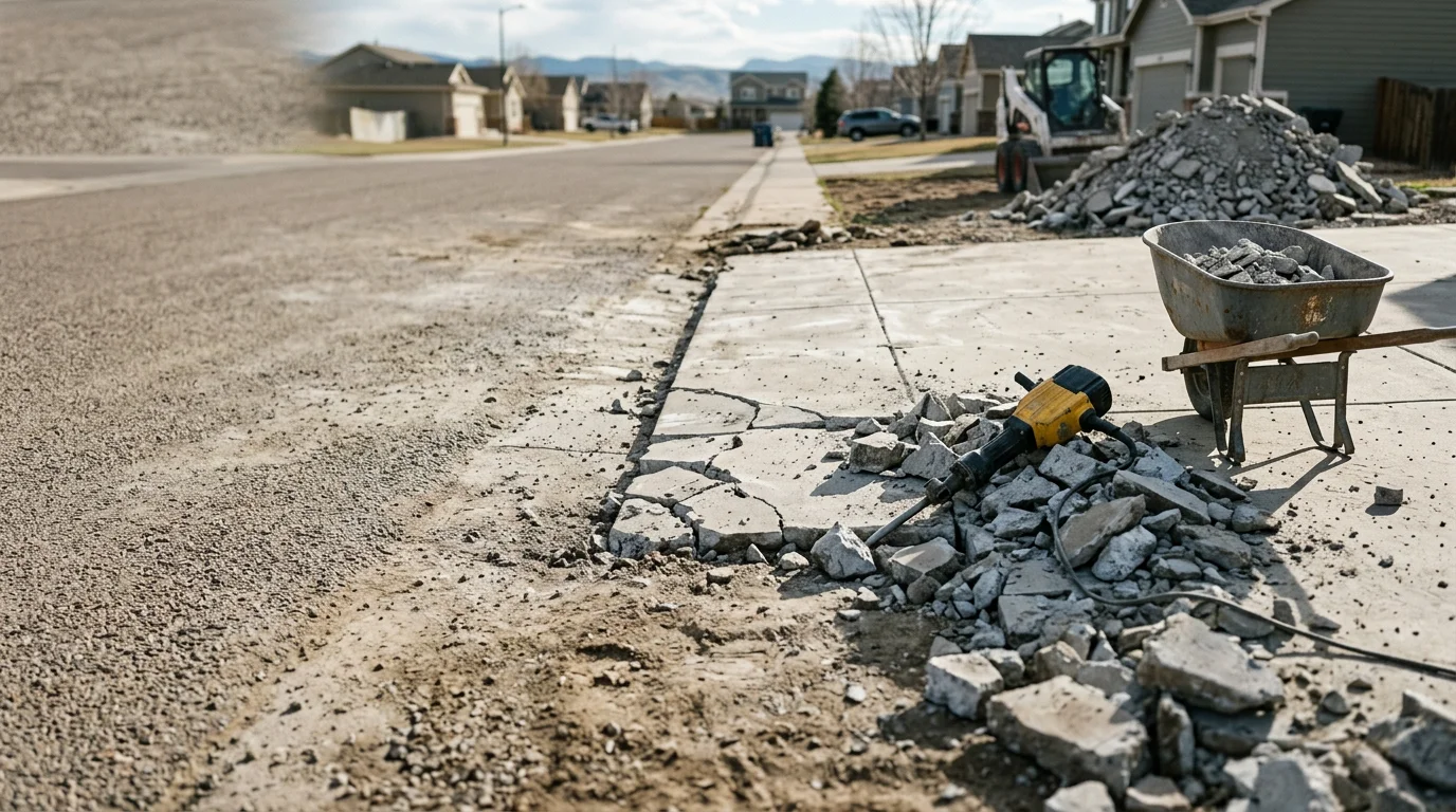 A concrete driveway slab being broken apart and removed at a residential property in Firestone, CO. Chunks of demolished concrete are staged near a work truck on a cleared suburban lot.