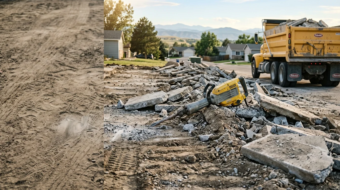 A Firestone, Colorado residential property with a fully removed concrete driveway slab, showing cleared and graded soil ready for new construction. A demolition crew from Neda Construction LLC loads broken concrete debris into a haul truck parked at the curb.