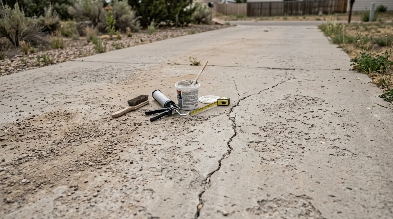 Repaired concrete driveway surface in a Firestone, Colorado residential neighborhood, showing patched cracks and a smooth, sealed finish. The surrounding yard and attached garage reflect a typical Front Range home setting.