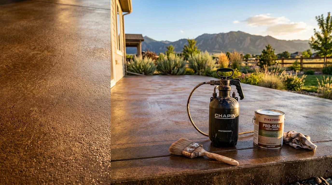 Freshly stained concrete patio with a rich earthy tone finish outside a Firestone, Colorado home. The sealed surface shows even color coverage with a clean edge along the adjacent lawn.