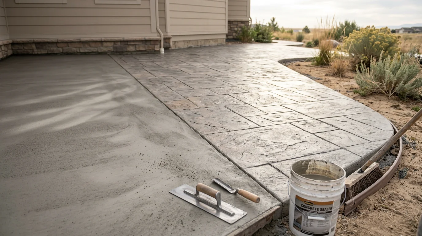 A finished custom stamped concrete patio with a textured stone pattern and integral color installed behind a single-family home in Firestone, Colorado. The surface shows clean control joints and a sealed finish suited to Colorado's outdoor climate.