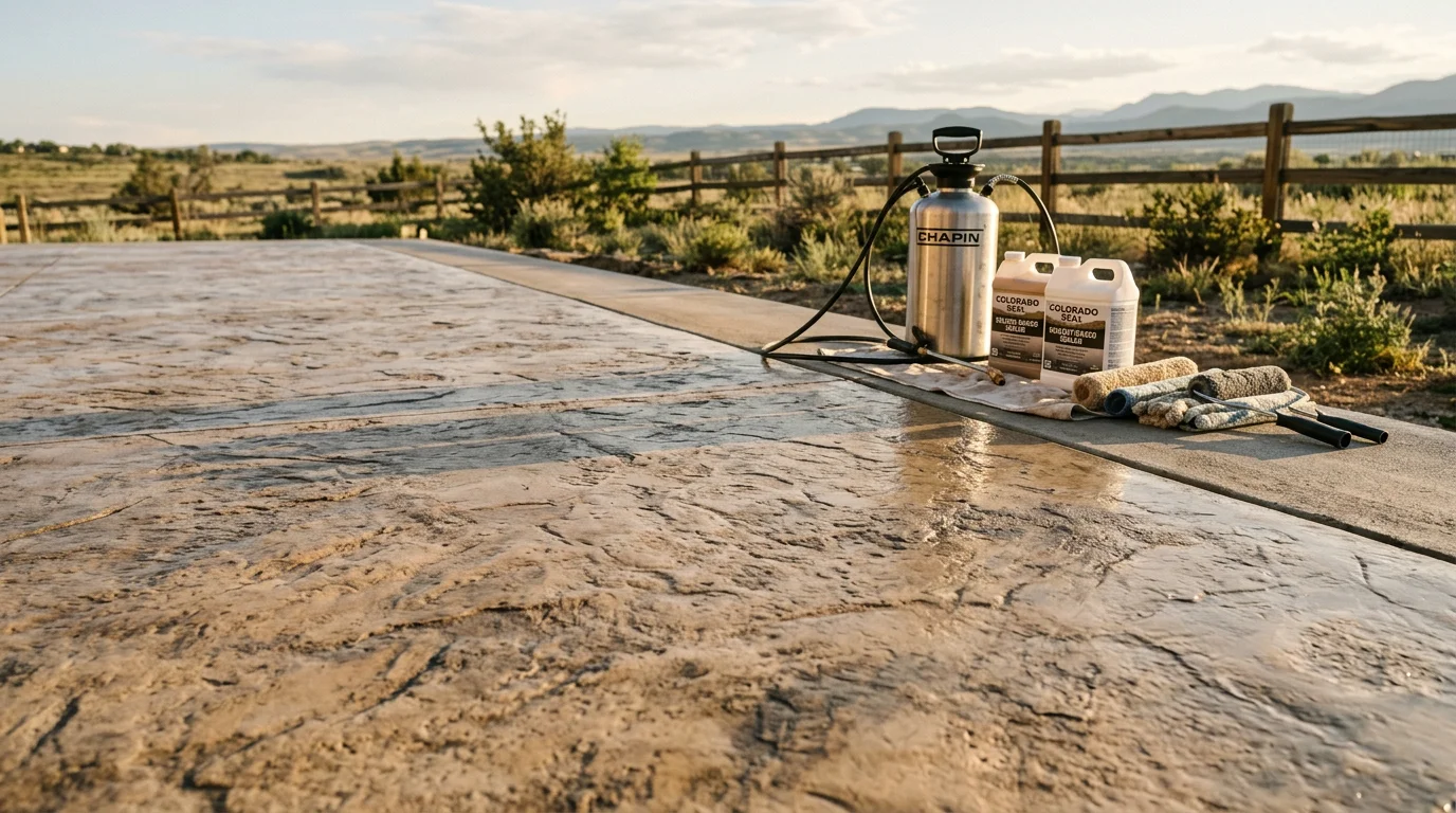 A stamped and sealed decorative concrete patio at a residential property in Firestone, Colorado, showing a stone-pattern finish with consistent color and clean edges. The surface connects to a backyard outdoor living area under a clear Colorado sky.
