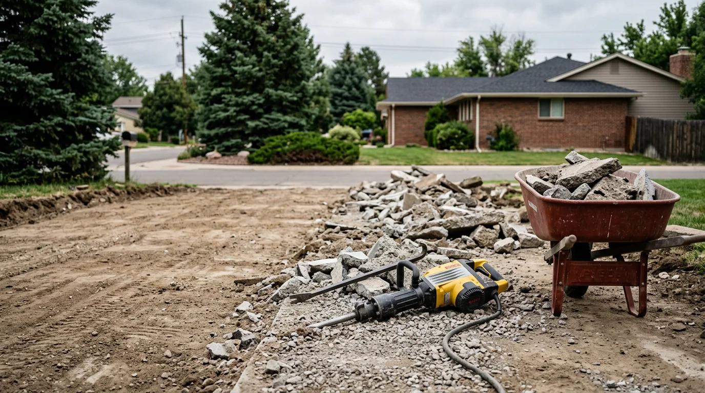 A freshly poured concrete driveway in front of a residential property in Firestone, Colorado, with clean edges and a smooth broom finish. The old cracked slab has been removed and replaced with new concrete graded away from the home's foundation.