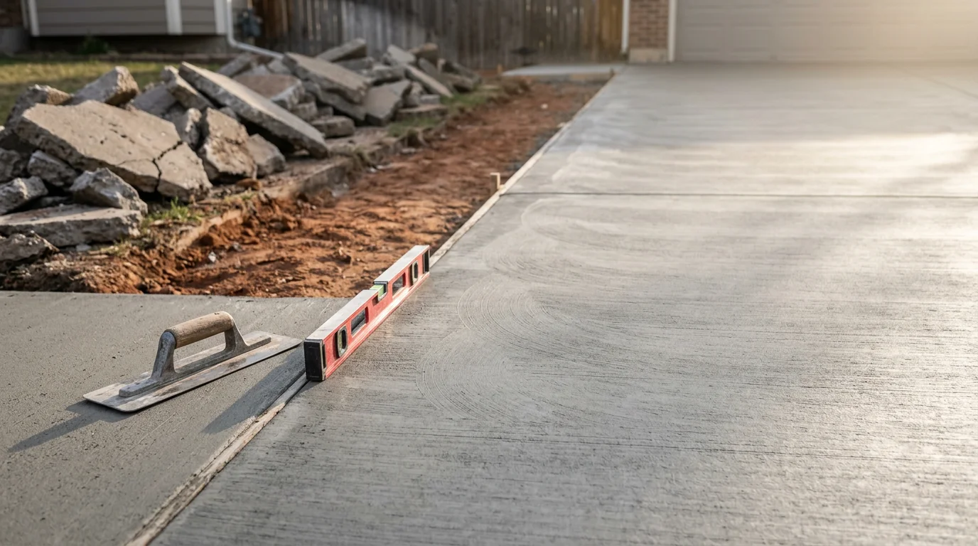 A freshly poured concrete driveway in front of a single-family home in Firestone, Colorado, with a smooth, flat surface and clean edges meeting the garage apron. The surrounding Front Range landscape is visible in the background.