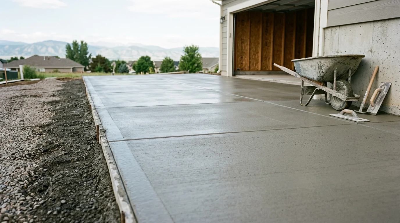 A freshly poured and finished concrete garage floor inside a residential garage in Firestone, Colorado. The smooth, level surface shows clean control joints and no cracking, with natural light coming through the open garage door.