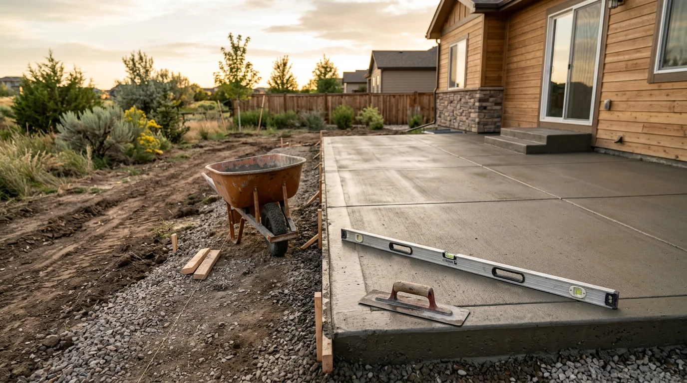 A finished concrete patio installed by Neda Construction LLC in a Firestone, Colorado backyard, showing a flat, reinforced slab with clean edges and proper slope away from the home. The surrounding yard reflects a typical Firestone residential lot with open sky and a wood privacy fence.