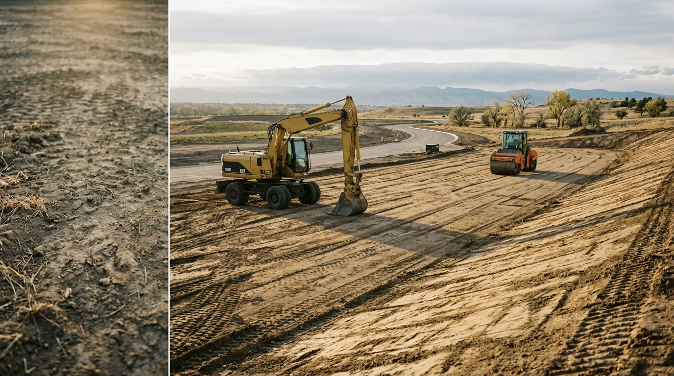 A graded and compacted vacant lot in Firestone, Colorado with cleared soil and level terrain ready for residential construction. Heavy equipment tracks are visible across the prepared ground surface with a clear sky overhead.