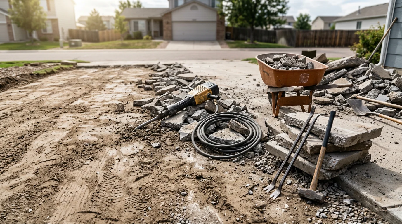A concrete slab broken into large sections during a demolition project at a residential property in Firestone, Colorado. A skid steer loads debris into a haul truck on a cleared job site with exposed subgrade visible.