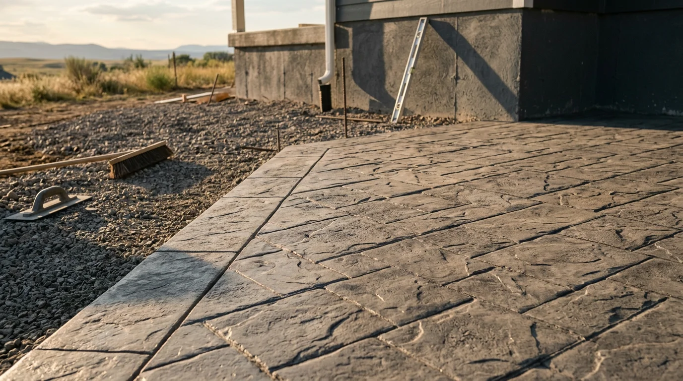 Freshly installed stamped concrete patio with a stone-pattern finish behind a residential home in Firestone, Colorado. The surface shows defined texture and color with clean edges bordering a backyard lawn area.
