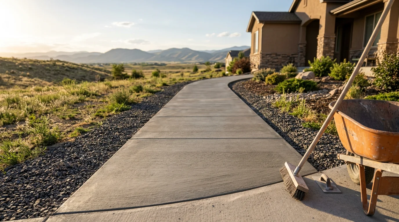 A freshly poured concrete walkway leading to the front entry of a residential home in Firestone, Colorado. The surface is smooth and level with clean edges and visible control joints.